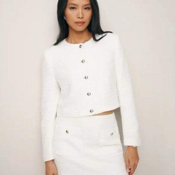 Reformation Trista Knit Tweed Crewneck Button Crop Cardigan Suit Jacket White - Picture 1 of 11